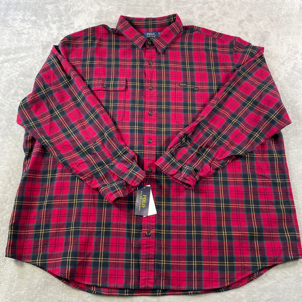 Polo Ralph Lauren Flannel Shirt Mens 4XB Red Black‎ Plaid Preppy Holiday Casual